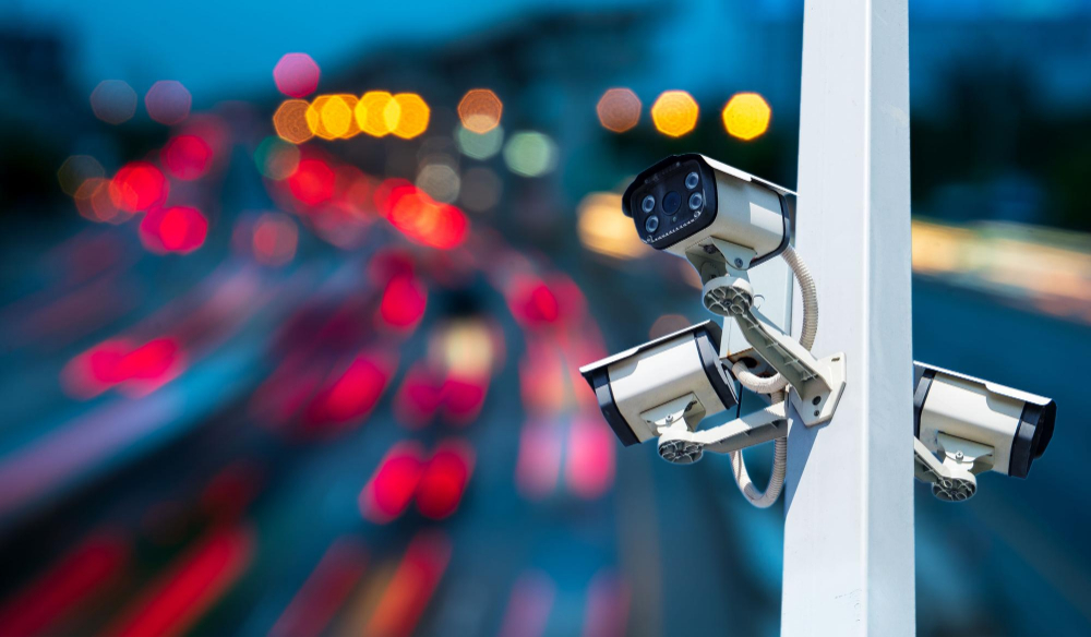 Close-up of cctv cameras on pole